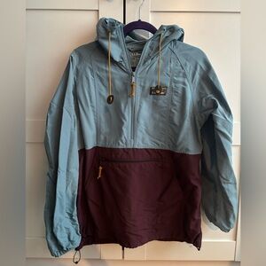 L.L. Bean Woman’s Colorblock Raincoat - Light Blue and Burgundy